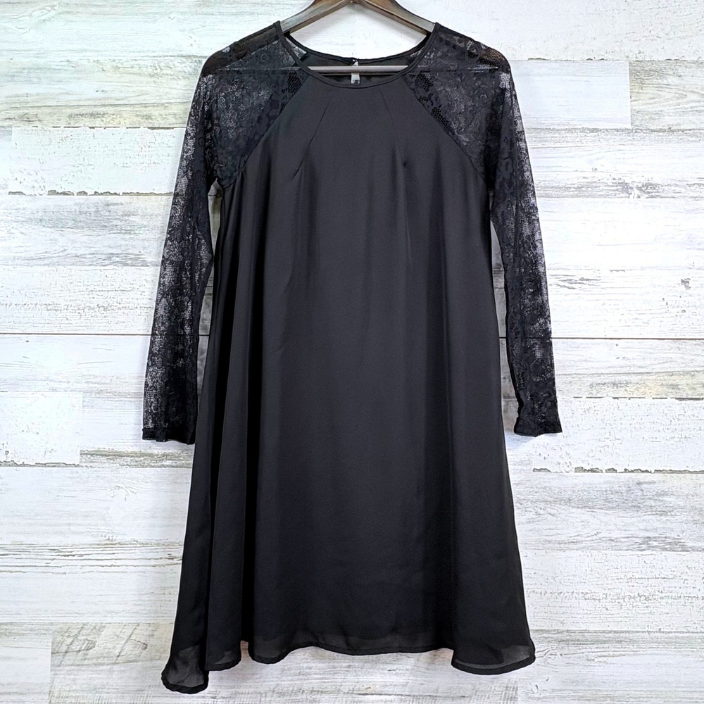 EVERLY Black Lace Long Sleeve Shift A‎ Line Dress Keyhole Back Size M Flowy